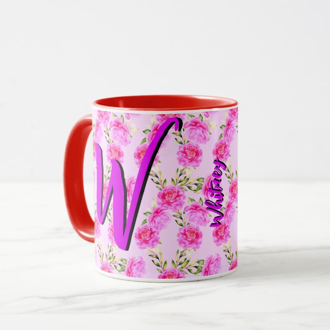 Taza de café floral linda con hermosas flores rosa (Anverso izquierdo)