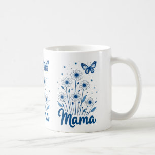 Taza De Café Floral Mama Script con mariposa azul