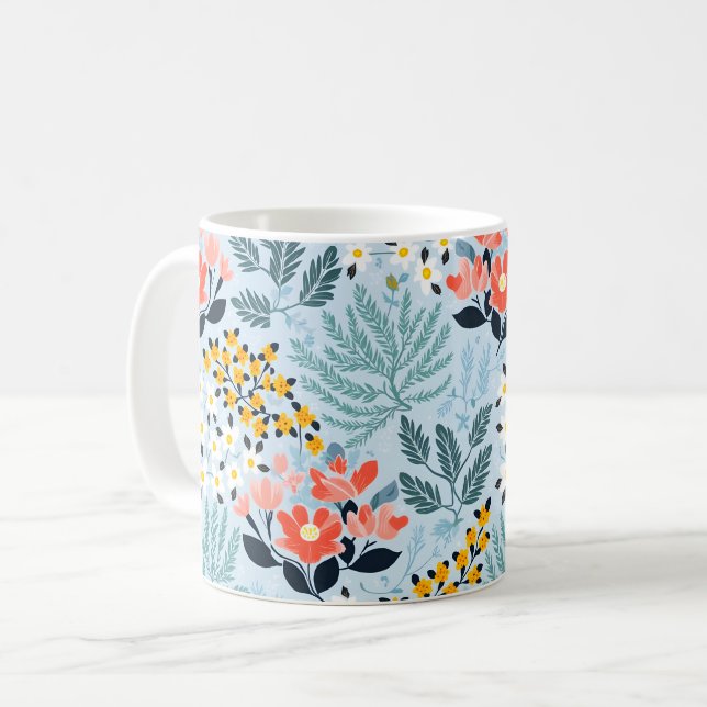 Taza De Café Floral moderna sobre azul (Anverso izquierdo)