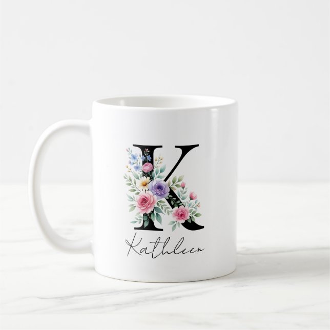 Taza De Café  Floral Monogram – Letter K (Izquierda)