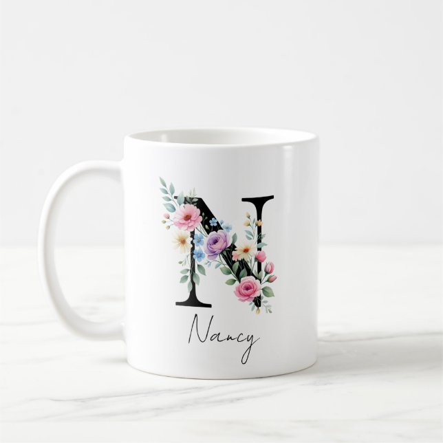Taza De Café  Floral Monogram – Letter N (Izquierda)