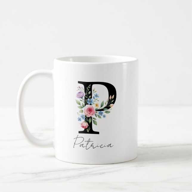 Taza De Café  Floral Monogram – Letter P (Izquierda)