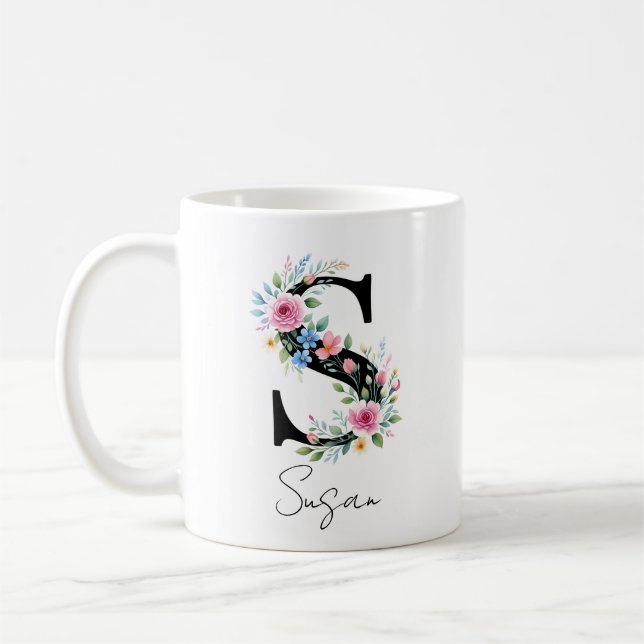 Taza De Café  Floral Monogram – Letter S (Izquierda)