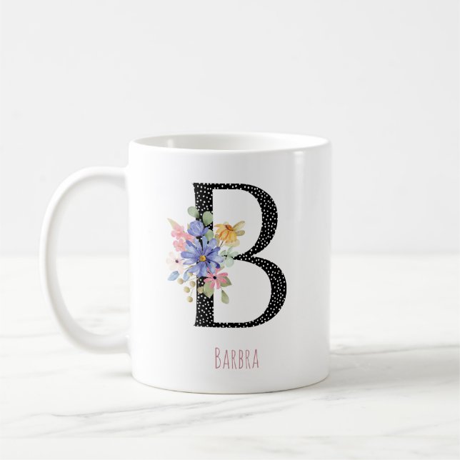 Taza De Café Floral Monogram Name B Black Polka Dot  (Izquierda)