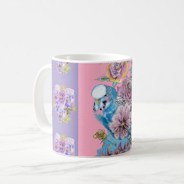 Taza De Café Floral Mug morado del Budgie azul pintado a mano (Anverso izquierdo)