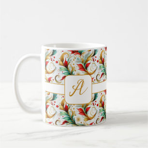 Taza De Café Floral navideña monograma arremolinada