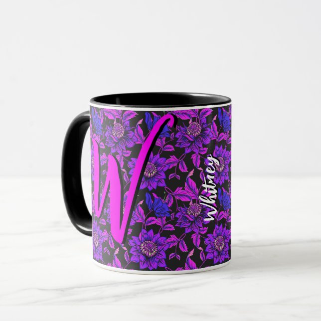 Taza de café floral negra con flores púrpuras rosa (Anverso izquierdo)