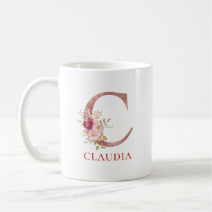 Taza De Café Floral Nombre personalizado inicial elegancia Mono