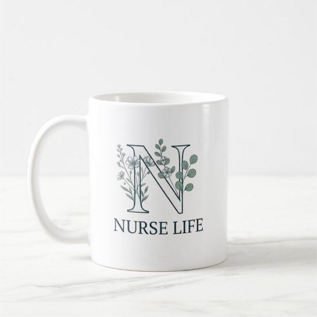 Taza De Café Floral Nurse Life Monogram N (Izquierda)