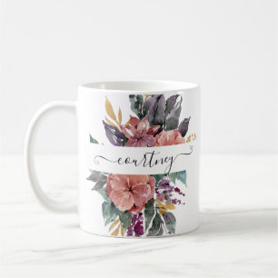 Taza De Café Floral personalizada con acuarela rosa y púrpura