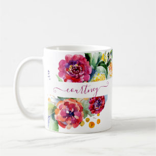 Taza De Café Floral personalizado de acuarela rosa