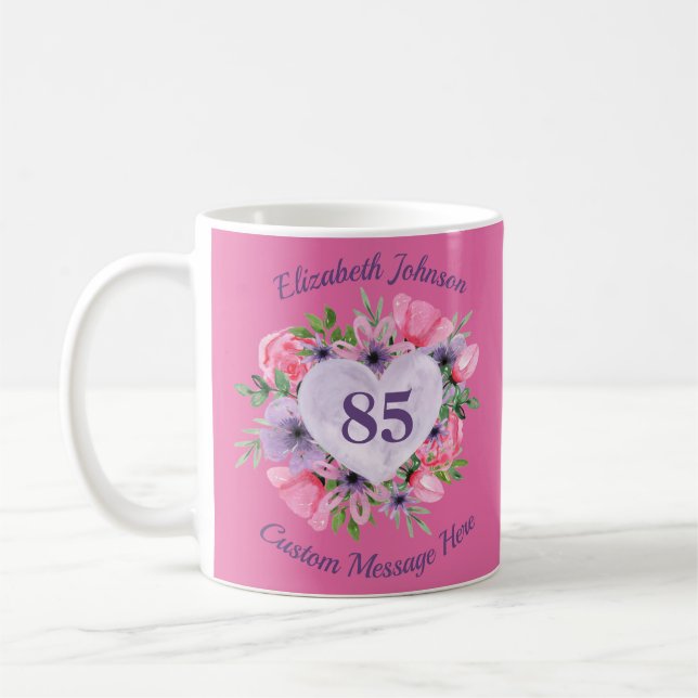 Taza De Café Floral Pink 85th Birthday Mug para las mujeres (Izquierda)