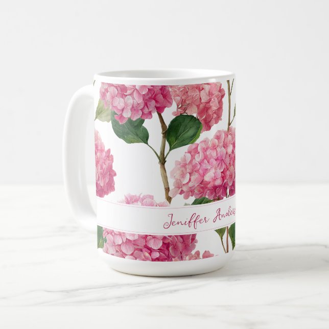 Taza De Café Floral Pink Hydrangea with Custom Name (Anverso izquierdo)