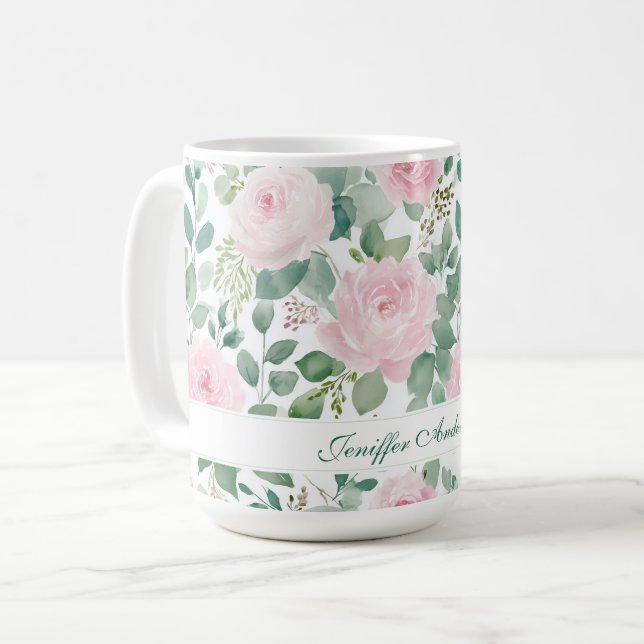 Taza De Café Floral Pink Rose with Custom Name (Anverso izquierdo)