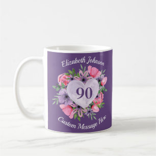 Taza De Café Floral Purple 90th Birthday Mug para las mujeres