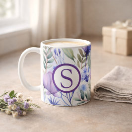 Taza De Café Floral Púrpura Monograma
