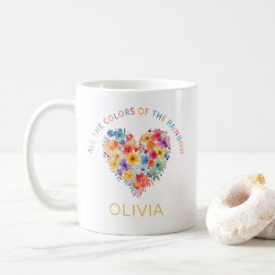 Taza De Café Floral Rainbow Heart Mug - Nombra personalizada Re