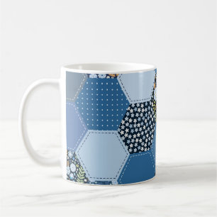 Taza De Café Floral, retazos denim: patrón azul.