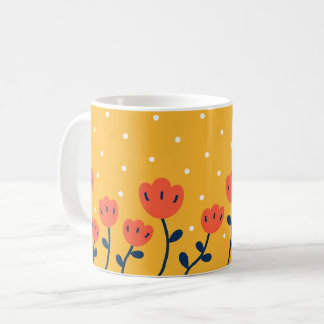 Taza de café floral retro de tulipán rojo naranja