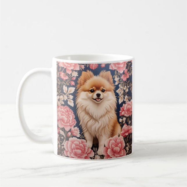 Taza De Café Floral rosa de perro de Pomerania (Izquierda)