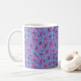 Taza De Café Floral rosa dibujada a mano sobre azul de cornflow