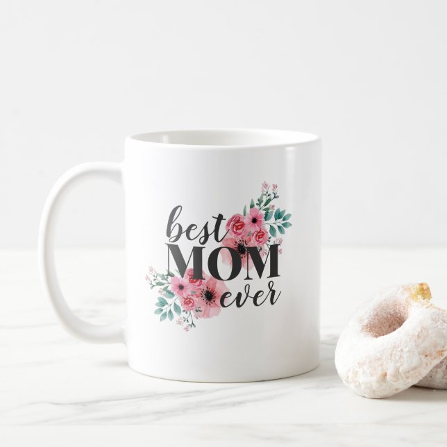 Taza De Café Floral rosa mejor mamá jamás personalizada (Con donut)