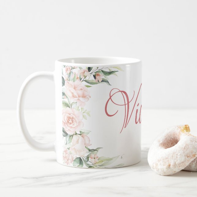 Taza De Café Floral rosa personalizada (Con donut)