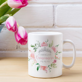 Taza De Café Floral rosa Quinceañera Plata Tiara Personalizada
