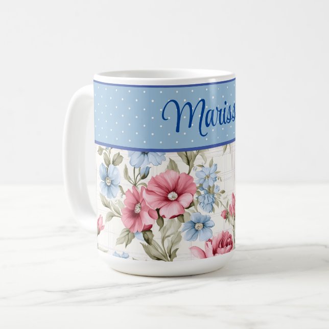 Taza De Café Floral rosa y azul celeste y cerdo de polka (Anverso izquierdo)