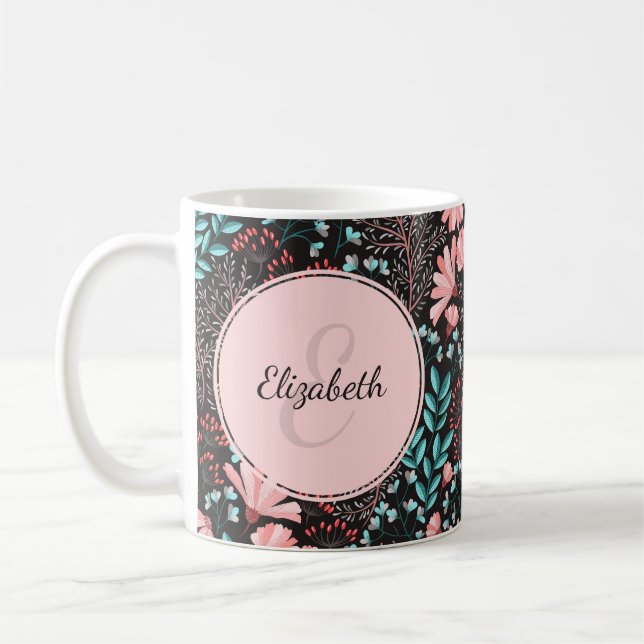 Taza De Café Floral rosa y oscura Verde azulada personalizada (Izquierda)