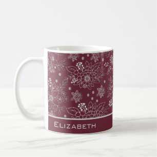 Taza De Café Floral sin fisuras patrón burgundy nombre personal