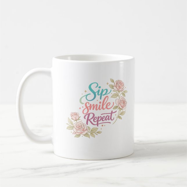 Taza De Café Floral Sip Smile Repeat (Izquierda)