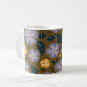Taza De Café Floral suave morada y amarilla con hojas verdes