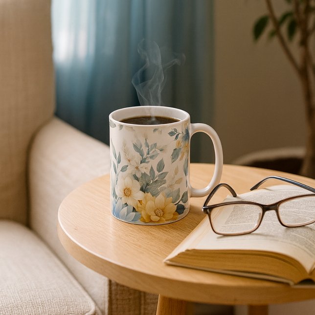 Taza De Café Floral suave pastel azul Dahlia Mug (Pastel floral mug with steam, book, and glasses perfect for cozy mornings in a sunlit reading nook)