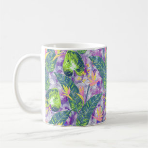 Taza De Café Floral tropical, botánica, lila, verde, rosa, fl