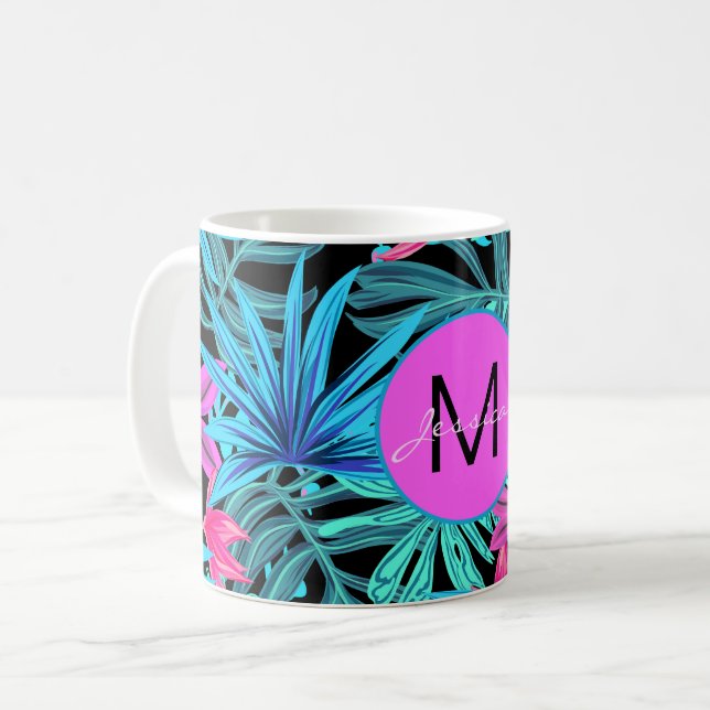 Taza De Café Floral tropical rosa brillante personalizada (Anverso izquierdo)
