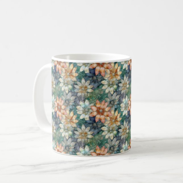 Taza De Café Floral Verde Azul Blanco Melocotón (Anverso izquierdo)