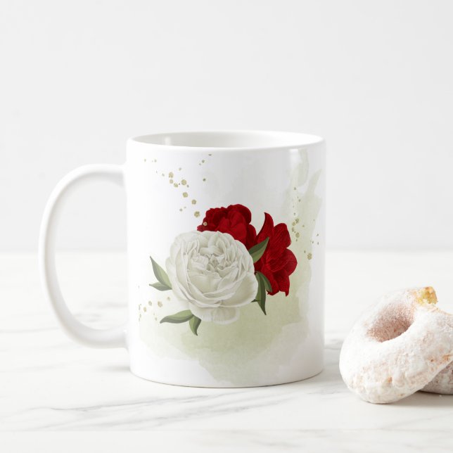 Taza De Café Floral verde blanco rojizo  (Con donut)