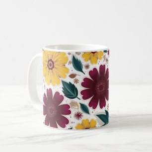 Taza De Café Floral vibrante amarilla y borgoñona