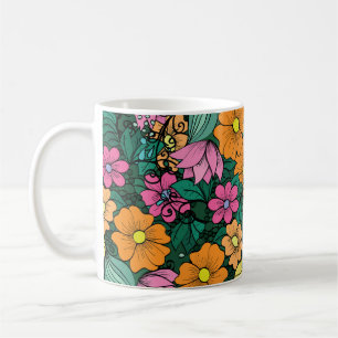 Taza De Café Floral vibrante: Vintage de fondo verde.