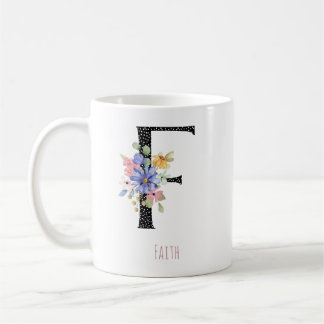 Taza De Café Floral Watercolor F Monogram Name Black Polka Dot 