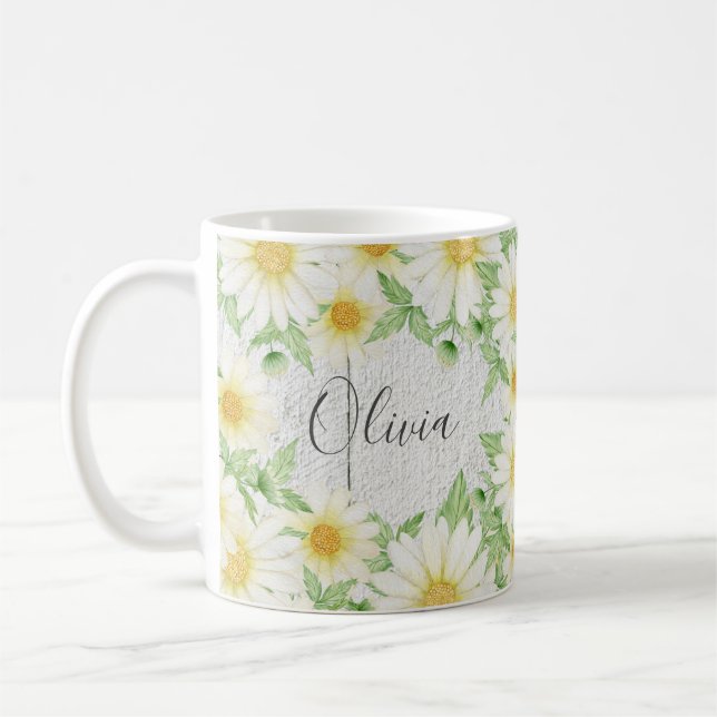 Taza De Café Floral White Daisies Nombre Acuarela (Izquierda)