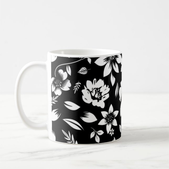 Taza De Café Florales blancas blancas blancas modernas y negras (Izquierda)