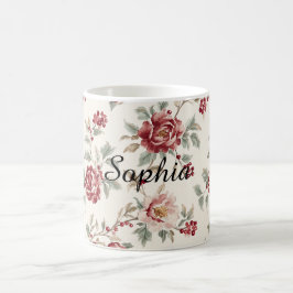 Taza De Café Florales de Crema Roja Pretty Chic