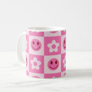 Taza De Café Flores a cuadros y caras felices Rosa 