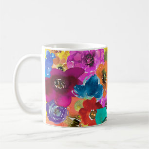Taza De Café Flores acuarelas brillantes y alegres