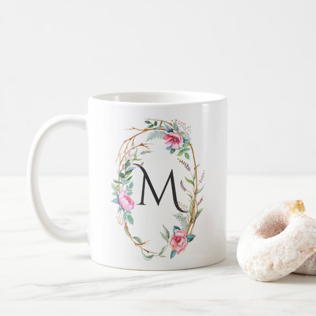 Taza De Café Flores acuarelas con toallitas de mordedura monogr (Con donut)