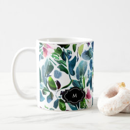 Taza De Café Flores acuarelas monogramadas patrón botánico