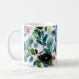 Taza De Café Flores acuarelas monogramadas patrón botánico