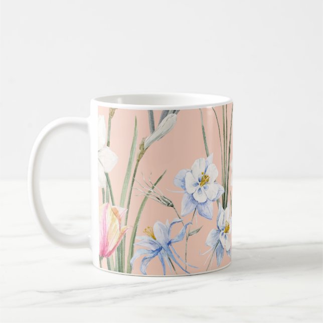Taza De Café Flores acuáticas de primavera, tapicería retro. (Izquierda)